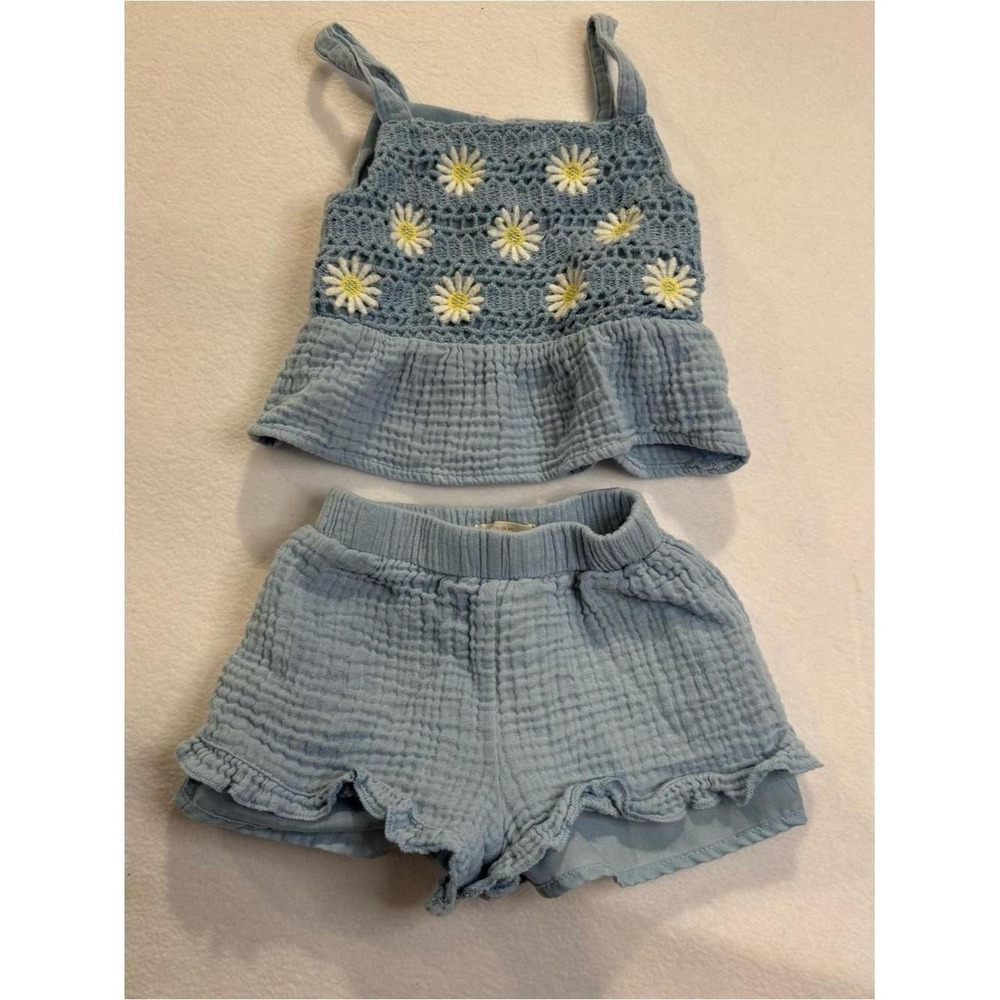 Btween Baby Girls Blue Gauze Daisy Crochet Peplum Top and Ruffle Shorts‎ Set 18M